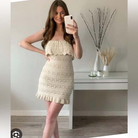 RARE, NWOT! Zara Ruffled Knit Mini Dress w Tie Strap, Cream, M / L - Picture 10 of 11